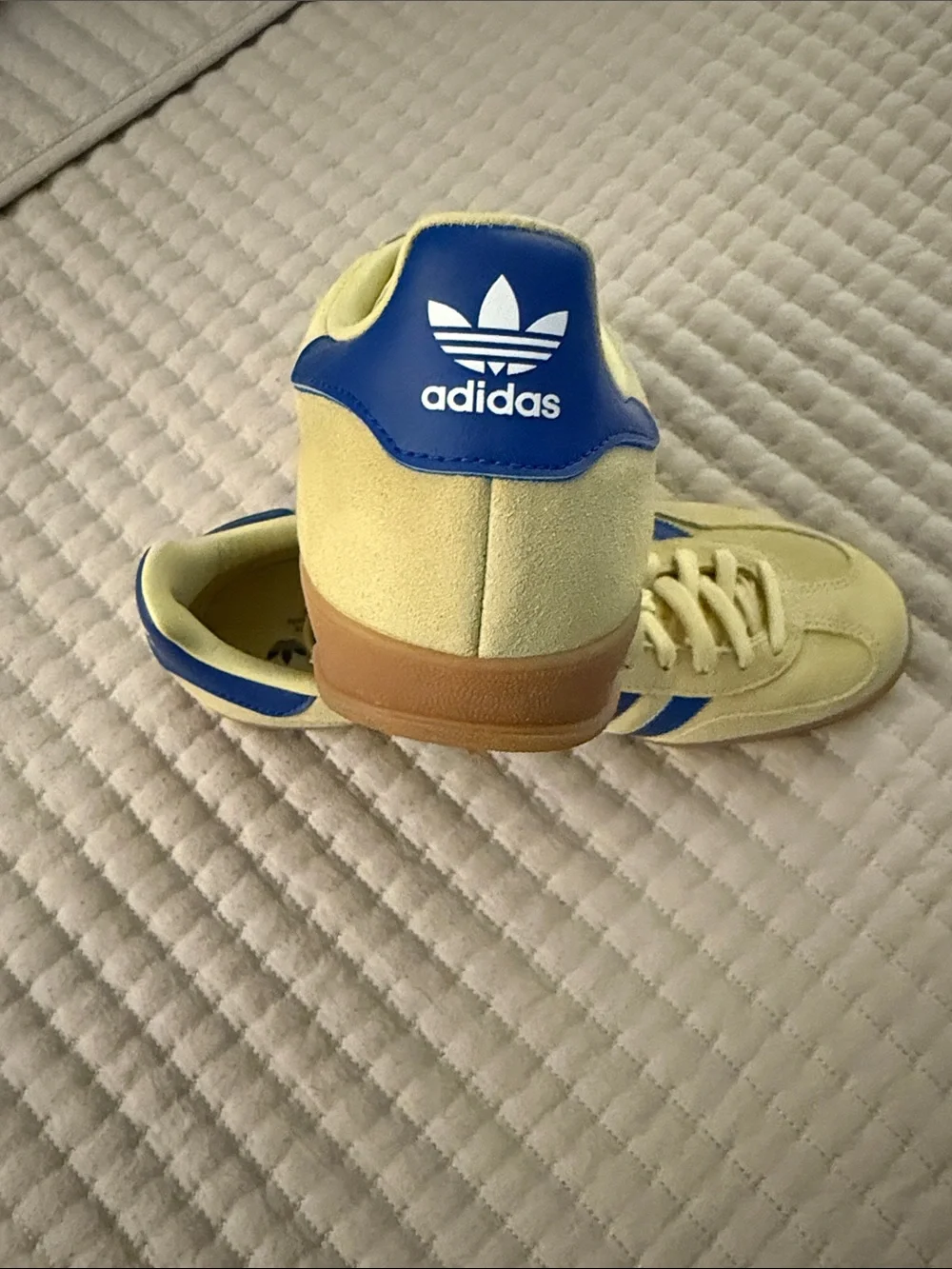Pale yellow Adidas Gazelles with blue stripes